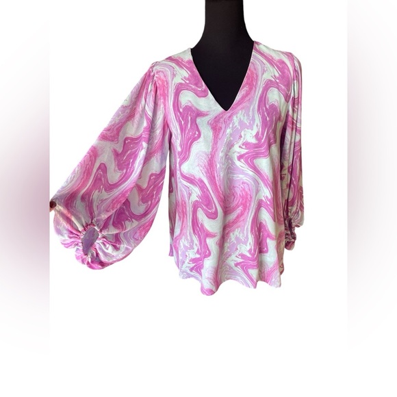 Adrienne Swirl Print V-Neck Balloon Sleeve Top , Size Small, Date Night Casual - Picture 1 of 6
